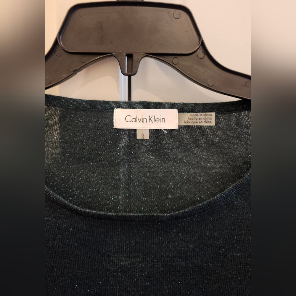 Calvin Klein Shimmer Knit Top Large Scoop Neck Long Sleeve Blouse- Hunter Green - Picture 3 of 3